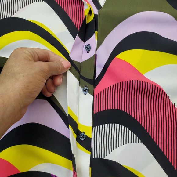 Dana Buchman Blouse Top Womens Large Multi Geometric Slit Collared Button Front - Picture 5 of 9